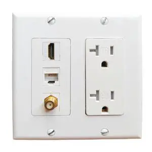 Double Gang 20Amp Power Outlet with Ethernet Coax HDMI Wall Plate - Electrical Wall Outlet with 1 Port HDMI + 1 CAT6 RJ45 Keystone Jack + 1 Coax Cable TV F Type Face Plate - White Double Gang 20Amp Power Outlet with Ethernet Coax HDMI Wall Plate - Electrical Wall Outlet with 1 Port HDMI + 1 CAT6 RJ45 Keystone Jack + 1 Coax Cable TV F Type Face Plate - White