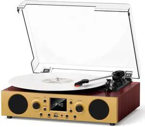Red Burl Wood Bluetooth Record Player, 3-Speed Turntable | Premium burl wood finish with Bluetooth, 3-speed playback, stereo speakers, LCD display and vintage bronze accents Red Burl Wood Bluetooth Record Player, 3-Speed Turntable | Premium burl wood finish with Bluetooth, 3-speed playback, stereo speakers, LCD display and vintage bronze accents