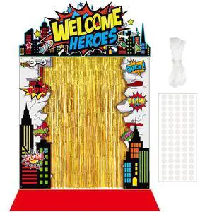 7 Pcs Hero Party Backdrop Banner Gold Fringe Curtain Decor | City Theme Door Banner, Birthday Photo Background, Foil Curtain with Dots, Porch Entryway Decor, Red Carpet Included 7 Pcs Hero Party Backdrop Banner Gold Fringe Curtain Decor | City Theme Door Banner, Birthday Photo Background, Foil Curtain with Dots, Porch Entryway Decor, Red Carpet Included