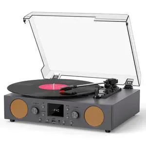Record Player with Built-in Speakers, Vintage Vinyl Record Player Bluetooth Turntable 3 Speed, with USB Recording, RCA Line Out & AXU-in, FM Radio, Bluetooth Receiving Grey Record Player with Built-in Speakers, Vintage Vinyl Record Player Bluetooth Turntable 3 Speed, with USB Recording, RCA Line Out & AXU-in, FM Radio, Bluetooth Receiving Grey