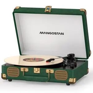 Dark Green Bluetooth Suitcase Record Player, 3-Speed Turntable | Premium PU leather design with 3-speed playback, Bluetooth, stereo speakers, and support for 33/45/78 RPM records Dark Green Bluetooth Suitcase Record Player, 3-Speed Turntable | Premium PU leather design with 3-speed playback, Bluetooth, stereo speakers, and support for 33/45/78 RPM records