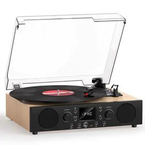 Record Player with Built-in Speakers, Vintage Bluetooth Turntable 3 Speed with USB Recording, Bluetooth Receiving, FM Radio, RCA Line Out & AXU-in, Vinyl Record Player Oak Record Player with Built-in Speakers, Vintage Bluetooth Turntable 3 Speed with USB Recording, Bluetooth Receiving, FM Radio, RCA Line Out & AXU-in, Vinyl Record Player Oak