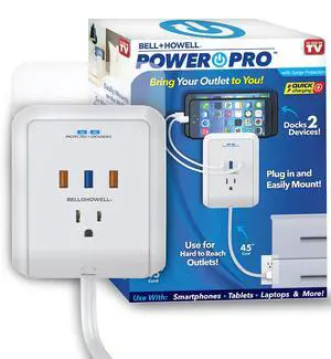 Power Pro Outlet Extender with 45 Cord Easy-Install Power Strip Electric Surge Protector, USB Wall Charger, 3 Power Outlets, Docking Station, White, As Seen On TV Power Pro Outlet Extender with 45 Cord Easy-Install Power Strip Electric Surge Protector, USB Wall Charger, 3 Power Outlets, Docking Station, White, As Seen On TV