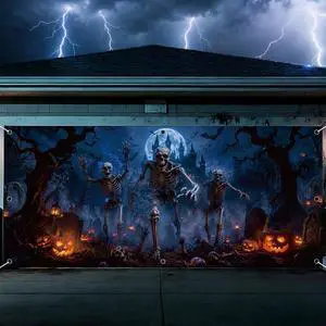 Dark Skeleton Halloween Garage Door Cover 7x16 FT Decorations | Spooky Garage Door Banner, Rope and Grommet Easy Mount, High Quality, Bone Yard Theme, Halloween Decor Dark Skeleton Halloween Garage Door Cover 7x16 FT Decorations | Spooky Garage Door Banner, Rope and Grommet Easy Mount, High Quality, Bone Yard Theme, Halloween Decor