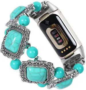 Compatible with Fitbit Charge 5/6 Band Agate Natural Gemstone Beads Western Bracelet for Women Energy Healing Crystal Chakra Western Boho Style Fixed Size Strap, Turquoise Compatible with Fitbit Charge 5/6 Band Agate Natural Gemstone Beads Western Bracelet for Women Energy Healing Crystal Chakra Western Boho Style Fixed Size Strap, Turquoise