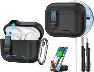 for AirPods Pro 3 Case 2025, Compatible with Airpods Pro 3rd Generation Case, Safety Lock, Phone Stand, Auto- Pop up, Compatible with MagSafe, Includes Cleaning Kit and Keychain (Black) for AirPods Pro 3 Case 2025, Compatible with Airpods Pro 3rd Generation Case, Safety Lock, Phone Stand, Auto- Pop up, Compatible with MagSafe, Includes Cleaning Kit and Keychain (Black)
