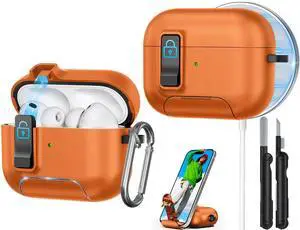 for AirPods Pro 3 Case, Sleek Protective Case with Safety Lock, Phone Stand, Auto- Pop up Lid for Airpods Pro 3rd Generation 2025, Compatible with MagSafe Includes Cleaning Kit and Keychain (Orange) for AirPods Pro 3 Case, Sleek Protective Case with Safety Lock, Phone Stand, Auto- Pop up Lid for Airpods Pro 3rd Generation 2025, Compatible with MagSafe Includes Cleaning Kit and Keychain (Orange)