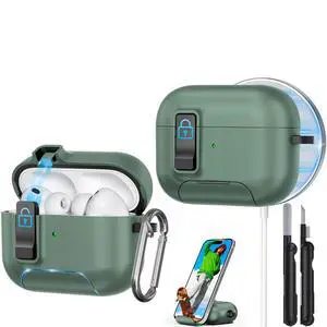 for AirPods Pro 3 Case 2025, Compatible with Airpods Pro 3rd Generation Case, Safety Lock, Phone Stand, Auto- Pop up, Compatible with MagSafe, Includes Cleaning Kit and Keychain (Green) for AirPods Pro 3 Case 2025, Compatible with Airpods Pro 3rd Generation Case, Safety Lock, Phone Stand, Auto- Pop up, Compatible with MagSafe, Includes Cleaning Kit and Keychain (Green)