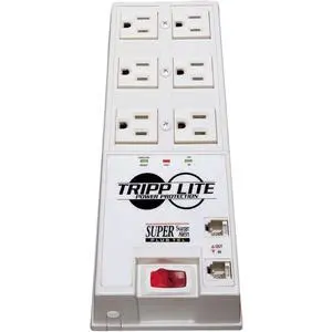 6 Outlet Surge Protector Power Strip, 6ft Cord, Right-Angle Plug, Tel/DSL Protection, RJ11, $50,000 INSURANCE (TR-6FM) 6 Outlet Surge Protector Power Strip, 6ft Cord, Right-Angle Plug, Tel/DSL Protection, RJ11, $50,000 INSURANCE (TR-6FM)