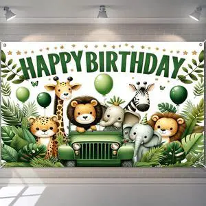 Forest Animal Polyester Birthday Banner 71x43 Inch Decor | Polyester, Green Safari Theme, Happy Birthday Backdrop Banner for Room, Wall Forest Animal Polyester Birthday Banner 71x43 Inch Decor | Polyester, Green Safari Theme, Happy Birthday Backdrop Banner for Room, Wall