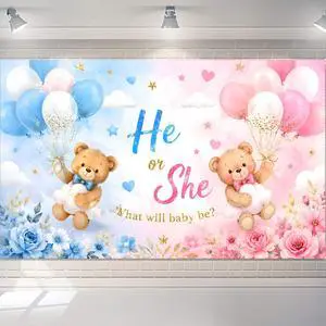 Gender Reveal Backdrop, He or She Teddy Bear Banner, 72 x 43 Inches | Polyester fabric, 4 brass grommets, pink and blue teddy bear design for boy-or-girl parties, photo booths and cake tables Gender Reveal Backdrop, He or She Teddy Bear Banner, 72 x 43 Inches | Polyester fabric, 4 brass grommets, pink and blue teddy bear design for boy-or-girl parties, photo booths and cake tables