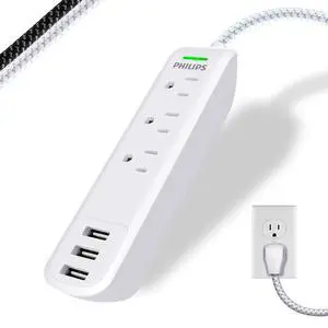 Surge Protector Power Strip, 3 Outlet Surge Protector, 6Ft Cord Power Strip, Surge Protector with USB Ports, 3-Prong Flat Plug Power Strip, 360J Surge Protector Outlet, White, SPP3306WB/37 Surge Protector Power Strip, 3 Outlet Surge Protector, 6Ft Cord Power Strip, Surge Protector with USB Ports, 3-Prong Flat Plug Power Strip, 360J Surge Protector Outlet, White, SPP3306WB/37