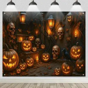 Halloween Lantern Skull Raven Backdrop Banner 8x6ft | Halloween Party Backdrop with Glowing Lanterns Skulls Raven for Indoor Outdoor Wall Decor and Photo Booth Background Halloween Lantern Skull Raven Backdrop Banner 8x6ft | Halloween Party Backdrop with Glowing Lanterns Skulls Raven for Indoor Outdoor Wall Decor and Photo Booth Background
