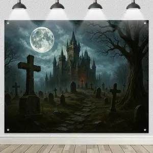 Halloween Backdrop Haunted Castle Cemetery 8x6ft | Halloween Party Backdrop with Haunted Castle Cemetery Full Moon Tombstones Dead Tree Pathway for Photo Booth Decoration Halloween Backdrop Haunted Castle Cemetery 8x6ft | Halloween Party Backdrop with Haunted Castle Cemetery Full Moon Tombstones Dead Tree Pathway for Photo Booth Decoration