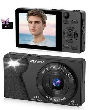 4K Digital Camera for Photography- 64MP Autofocus Vlogging Camera with Dual Lens, 18X Digital Zoom- Small Point and Shoot Camera with Card and 2000mAh for YouTube, Travel, Beginners (Black) 4K Digital Camera for Photography- 64MP Autofocus Vlogging Camera with Dual Lens, 18X Digital Zoom- Small Point and Shoot Camera with Card and 2000mAh for YouTube, Travel, Beginners (Black)