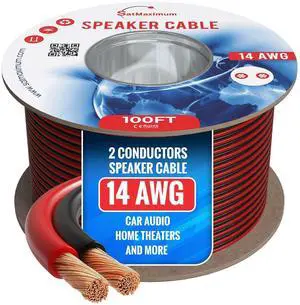 Speaker Cable 100FT 14AWG 2 Conductors (14/2) CL3 Rated CCA (Copper Clad Aluminum) Black and Red Jacket Compatible with Low Voltage LED Wire, Car Audio, Home Theater Speaker Cable 100FT 14AWG 2 Conductors (14/2) CL3 Rated CCA (Copper Clad Aluminum) Black and Red Jacket Compatible with Low Voltage LED Wire, Car Audio, Home Theater