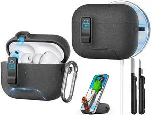 for AirPods Pro 3 Case, Sleek Protective Hard Case with Safety Lock, Phone Stand, Magnetic Snap-On Lid for Airpods Pro 3rd Generation 2025, Compatible with MagSafeIncludes Cleaning Kit and Keychain for AirPods Pro 3 Case, Sleek Protective Hard Case with Safety Lock, Phone Stand, Magnetic Snap-On Lid for Airpods Pro 3rd Generation 2025, Compatible with MagSafeIncludes Cleaning Kit and Keychain