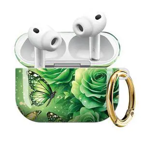 Compatible with AirPod Pro 3 Case (2025), Shockproof Dustproof Protective Cover with Cute Golden Keychain for Women & Girls - Green Rose Butterfly Compatible with AirPod Pro 3 Case (2025), Shockproof Dustproof Protective Cover with Cute Golden Keychain for Women & Girls - Green Rose Butterfly