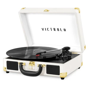 Journey - Bluetooth Suitcase Record Player - White Built-in stereo speakers, 3-speed turntable plays 7", 10" and 12" records, Bluetooth streaming, headphone jack Journey - Bluetooth Suitcase Record Player - White Built-in stereo speakers, 3-speed turntable plays 7", 10" and 12" records, Bluetooth streaming, headphone jack