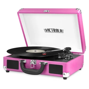 Journey - Bluetooth Suitcase Record Player - Pink Built-in stereo speakers, 3-speed turntable plays 7", 10" and 12" records, Bluetooth streaming, headphone jack Journey - Bluetooth Suitcase Record Player - Pink Built-in stereo speakers, 3-speed turntable plays 7", 10" and 12" records, Bluetooth streaming, headphone jack