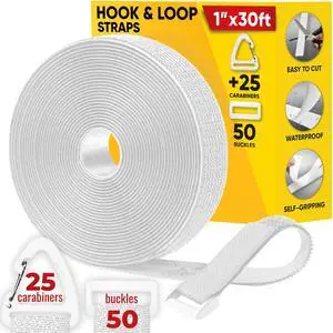 Hook and Loop Cable Straps 30 Feet with 50 Bucklets and 25 Carabineres, Reusable Fastening Cable Ties, Wire Management Securing Strap for Cable Tidy, Wire Management, Multi-Purpose Cord Organizer Hook and Loop Cable Straps 30 Feet with 50 Bucklets and 25 Carabineres, Reusable Fastening Cable Ties, Wire Management Securing Strap for Cable Tidy, Wire Management, Multi-Purpose Cord Organizer