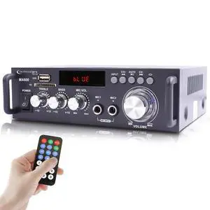 2-Channel 600 Watt Bluetooth Home Stereo Amplifier | AC/DC Power, 2 Mic Inputs, Wireless Remote, Bass & Treble Controls 2-Channel 600 Watt Bluetooth Home Stereo Amplifier | AC/DC Power, 2 Mic Inputs, Wireless Remote, Bass & Treble Controls