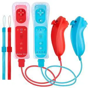 2Pack Motion Plus Wii Remote Controllers with Nunchucks,Wii Remote Controllers with Built in Motion Plus Compatible for Wii U Consoles(Red&Light Blue) 2Pack Motion Plus Wii Remote Controllers with Nunchucks,Wii Remote Controllers with Built in Motion Plus Compatible for Wii U Consoles(Red&Light Blue)