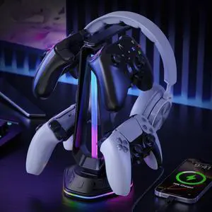 Gaming Headphones Stand with 12 Light Modes - Controller Holder for Desk, RGB Gaming Headset Stand with 2 USB Charging Ports - Supports Data Transfer, Earphone Hanger Accessories for Desktop Gamer Gaming Headphones Stand with 12 Light Modes - Controller Holder for Desk, RGB Gaming Headset Stand with 2 USB Charging Ports - Supports Data Transfer, Earphone Hanger Accessories for Desktop Gamer