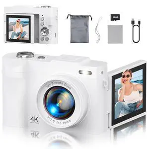 4K Digital Camera for Photography, 50MP Vlogging Camera for YouTube, Compact Cameras with 2.8" 180° Flip Screen, 16X Digital Zoom, Point and Shoot Camera with 32GB SD for Beginners, Travel, White 4K Digital Camera for Photography, 50MP Vlogging Camera for YouTube, Compact Cameras with 2.8" 180° Flip Screen, 16X Digital Zoom, Point and Shoot Camera with 32GB SD for Beginners, Travel, White
