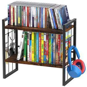 2-Tier CD Storage Rack, DVD Storage Display Rack with 4 Hooks | CD Holder Shelf, CD Organizer Tower, Holds Up to 25 DVDs or 37 CDs, DVD Display Stand with 26 Ib, for Music Enthusiasts 2-Tier CD Storage Rack, DVD Storage Display Rack with 4 Hooks | CD Holder Shelf, CD Organizer Tower, Holds Up to 25 DVDs or 37 CDs, DVD Display Stand with 26 Ib, for Music Enthusiasts