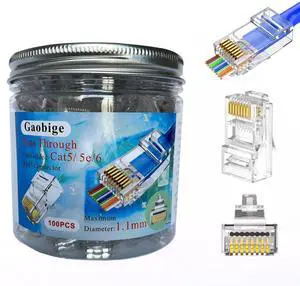 100-PACK Cat5 Cat5e Cat6 RJ45 Pass Through Connectors Ends | 1.1mm Unshielded Connectors for Solid Wire and Standard Cable 100-PACK Cat5 Cat5e Cat6 RJ45 Pass Through Connectors Ends | 1.1mm Unshielded Connectors for Solid Wire and Standard Cable