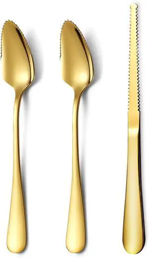 Gold Grapefruit Spoons 3 Pieces Set, 2 Stainless Steel Grapefruit Spoon And 1 Grapefruit knife With Titanium Plating, Grapefruit Utensil Set, Serrated Edges Spoon pack of 3 (Gold) Gold Grapefruit Spoons 3 Pieces Set, 2 Stainless Steel Grapefruit Spoon And 1 Grapefruit knife With Titanium Plating, Grapefruit Utensil Set, Serrated Edges Spoon pack of 3 (Gold)