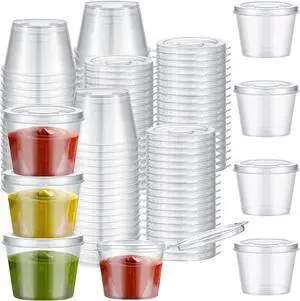 Lounsweer 60 Pack Plastic Condiment Souffle Containers with Attached Lids 1 oz, Mini Sauce Cups Jelly Leak Proof Portion Small Disposable Souffle Cups with Lids for Salad Dressing Sauces Lounsweer 60 Pack Plastic Condiment Souffle Containers with Attached Lids 1 oz, Mini Sauce Cups Jelly Leak Proof Portion Small Disposable Souffle Cups with Lids for Salad Dressing Sauces