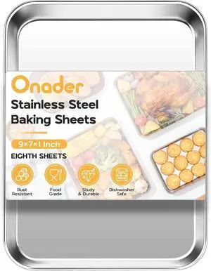 Onader Baking Sheet Pan Tray, Stainless Steel Small Baking Cookie Sheets, 9 x 7 Inch Mini Toaster Oven Trays, Food-Grade Durable Mirror Finish & Dishwasher Safe, 1-Pack Onader Baking Sheet Pan Tray, Stainless Steel Small Baking Cookie Sheets, 9 x 7 Inch Mini Toaster Oven Trays, Food-Grade Durable Mirror Finish & Dishwasher Safe, 1-Pack
