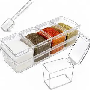 Clear Seasoning Box, 4 Pieces Seasoning Rack Spice Pots with Lids and Spoons, Toppings Containers, Acrylic Seasoning Box for Salt Spice, Pepper, Sugar, Cardamon, Cinnamon Clear Seasoning Box, 4 Pieces Seasoning Rack Spice Pots with Lids and Spoons, Toppings Containers, Acrylic Seasoning Box for Salt Spice, Pepper, Sugar, Cardamon, Cinnamon