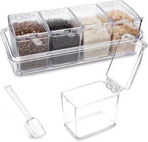 XJMWXHFC Clear Seasoning Box, 4 Pieces Seasoning Rack Spice Pots, Storage Container Condiment Jars Acrylic Seasoning Box with Covers and Spoons for Spice, Sugar, Salt, Sugar, Cardamon, Cinnamon XJMWXHFC Clear Seasoning Box, 4 Pieces Seasoning Rack Spice Pots, Storage Container Condiment Jars Acrylic Seasoning Box with Covers and Spoons for Spice, Sugar, Salt, Sugar, Cardamon, Cinnamon