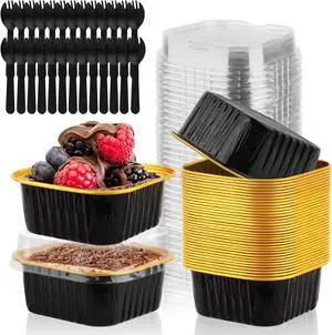 35 Pack 5 OZ Disposable Square Mini Baking Pans with Lids, Black and Gold 35 Pack 5 OZ Disposable Square Mini Baking Pans with Lids, Black and Gold