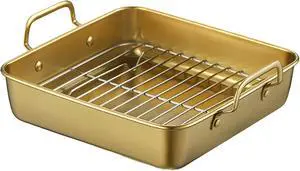 Pan with Cooling Rack, 10.3 Inch x 10.3 Inch x 2 Inch Gold Stainless Steel Tray with Handles for Chicken (Gold) Pan with Cooling Rack, 10.3 Inch x 10.3 Inch x 2 Inch Gold Stainless Steel Tray with Handles for Chicken (Gold)
