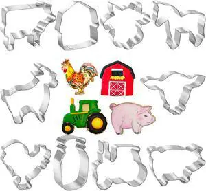 10 PCS Farm Cookie Cutter Set with Recipe Booklet Rooster Cow Pig Lamb Horse Barn and Tractor Cow Face Milk Bottle Bull head 10 PCS Farm Cookie Cutter Set with Recipe Booklet Rooster Cow Pig Lamb Horse Barn and Tractor Cow Face Milk Bottle Bull head