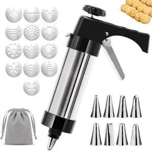Stainless Steel Cookie Press Gun Kit, 13 Discs & 8 Piping Tips Stainless Steel Cookie Press Gun Kit, 13 Discs & 8 Piping Tips