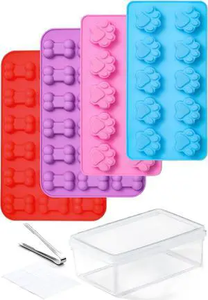4 Pack Silicone Dog Treat Molds with Container and Ice Tong, Non-stick Puppy Paw and Bone Shaped Set with Bin, Silicone Mold for Pupsicle, Chocolate, Gummy, Candy, Baking, Jelly, Ice Cube, Pudding 4 Pack Silicone Dog Treat Molds with Container and Ice Tong, Non-stick Puppy Paw and Bone Shaped Set with Bin, Silicone Mold for Pupsicle, Chocolate, Gummy, Candy, Baking, Jelly, Ice Cube, Pudding
