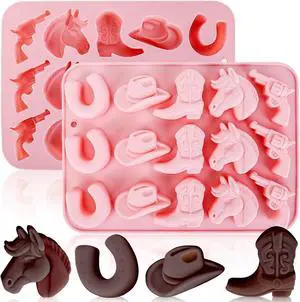 Western Themed Cowboy Candy Silicone Molds 2PCS, Chocolate Jello Moulds with Horse Head Boot Hat Saddle Design, 15 Cavity Ice Pudding Cookie Mold for Desserts Making - Large Size Western Themed Cowboy Candy Silicone Molds 2PCS, Chocolate Jello Moulds with Horse Head Boot Hat Saddle Design, 15 Cavity Ice Pudding Cookie Mold for Desserts Making - Large Size