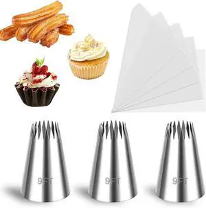 3Pcs Piping Bags And Tips Set, Stainless Steel 9FT Large Piping Tips, Churro Piping Tip, Open Star Pastry Tips for Cake Decorating with 20Pcs Disposable Piping Bags 3Pcs Piping Bags And Tips Set, Stainless Steel 9FT Large Piping Tips, Churro Piping Tip, Open Star Pastry Tips for Cake Decorating with 20Pcs Disposable Piping Bags