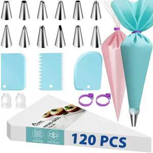 HOTEC Piping Bags and Tips Set, 120 Pcs Cake Decorating Kit with 100pcs 12 Inch Disposable Pastry Bags, 1 Reusable Piping Bags, 12 Piping Tips, 3 Cake Scraper, 2 Couplers, 2 Bag Ties, Baking Supplies HOTEC Piping Bags and Tips Set, 120 Pcs Cake Decorating Kit with 100pcs 12 Inch Disposable Pastry Bags, 1 Reusable Piping Bags, 12 Piping Tips, 3 Cake Scraper, 2 Couplers, 2 Bag Ties, Baking Supplies