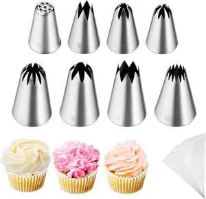 Kasmoire 8Pcs Large Piping Tips Set,Stainless Steel Icing Tips with 10 Disposable Pastry Bags for Cake Decorating Kasmoire 8Pcs Large Piping Tips Set,Stainless Steel Icing Tips with 10 Disposable Pastry Bags for Cake Decorating