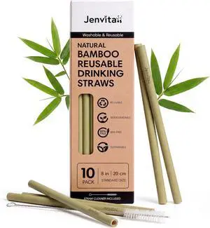 Jenvita 100% Bamboo Straws, 10 Pack, 8 Inch Reusable with Cleaner Jenvita 100% Bamboo Straws, 10 Pack, 8 Inch Reusable with Cleaner