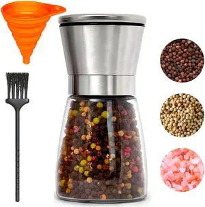 Pepper Grinder Salt Grinder, 5.5 inch Stainless Steel Pepper Mill w/Adjustable Coarseness, Refillable Salt with Funnel, Cleaning Brush, Manual Pepper Grinder for Black Peppercorns Pepper Grinder Salt Grinder, 5.5 inch Stainless Steel Pepper Mill w/Adjustable Coarseness, Refillable Salt with Funnel, Cleaning Brush, Manual Pepper Grinder for Black Peppercorns
