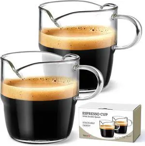 NETANY 6 OZ Espresso Cups Set of 2, Double Spouts Stackable Cups, Espresso Shots Glass Mugs with Handle, Machine Accessories for Coffee Bar, Cute Clear Glasses for Gift NETANY 6 OZ Espresso Cups Set of 2, Double Spouts Stackable Cups, Espresso Shots Glass Mugs with Handle, Machine Accessories for Coffee Bar, Cute Clear Glasses for Gift