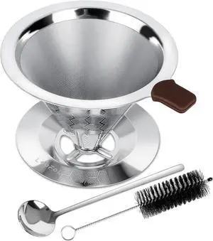 Pour Over Coffee Dripper, Double Mesh with Spoon and Cleaning Brush Pour Over Coffee Dripper, Double Mesh with Spoon and Cleaning Brush