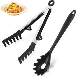 Upgraded Silicone Spaghetti Spoon and Pasta Tong Set Sturdy Pasta Fork with Teeth, Noodle Spoon Server, and Multi-Purpose Tongs for Cooking and Serving Upgraded Silicone Spaghetti Spoon and Pasta Tong Set Sturdy Pasta Fork with Teeth, Noodle Spoon Server, and Multi-Purpose Tongs for Cooking and Serving